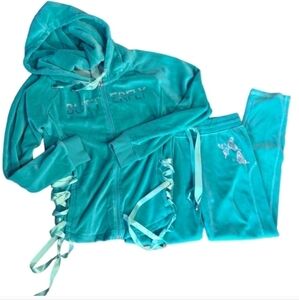 Butterfly Mood turquoise Y2K velour track suit lace up corset side details sz L